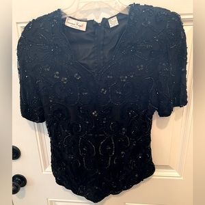Laurence Kazar Hand beaded black silk top